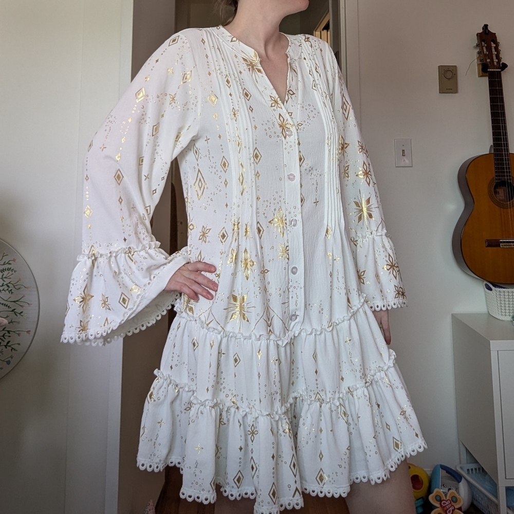 Boho M Summery White and Gold Shimmer Dress, flowy sheath lace garden party​